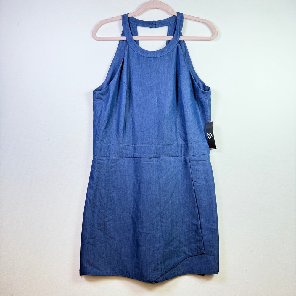 NEW YORK & COMPANY Blue Halter Cutout Back Skort Romper Large